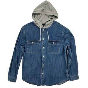 Edgar +‎ Ash Hooded Denim Shirt Mens Large Blue Grey Excellent Layered Button Up